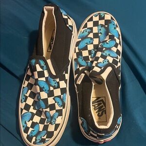 Vans Black and White Checkered Sneakers with Blue Butterflies